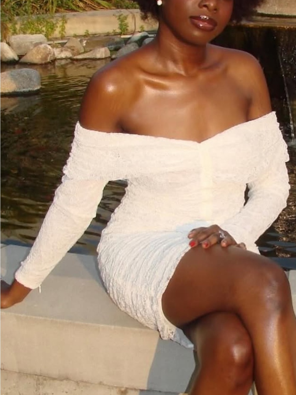 bebe Off-Shoulder White Textured Knit Dress Sweater